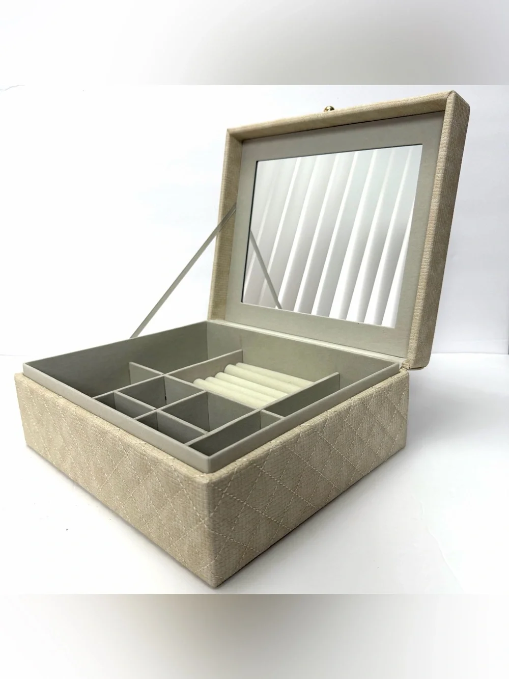 Linen-Effect Beige Jewelry Organizer Box with Mirror
